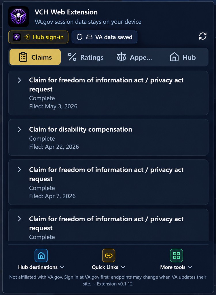 VCH Web Extension claims tab showing VA claim status from your signed-in session