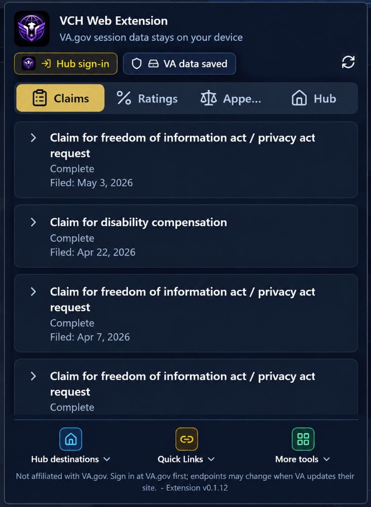 VCH Web Extension claims tab showing VA claim status from your signed-in session