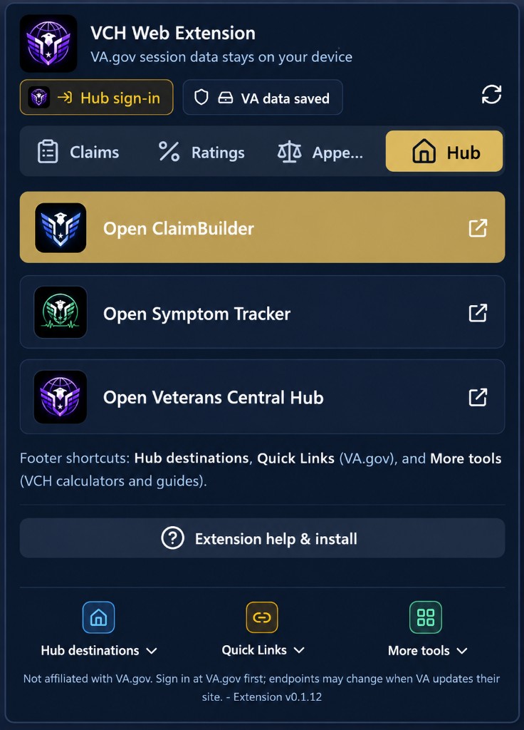 VCH Web Extension Hub tab with links to ClaimBuilder, Symptom Tracker, and Veterans Central Hub